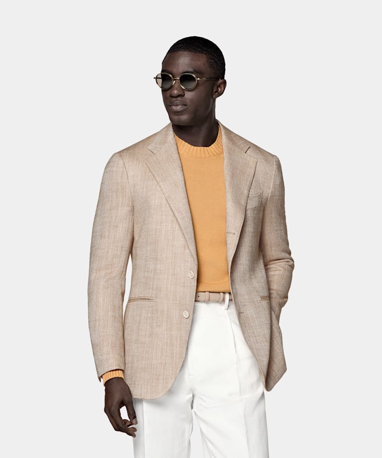 SUITSUPPLY Verano Mezcla de lino, seda y algod&oacute;n de Ferla, Italia Blazer Roma marr&oacute;n claro punto de espiga relaxed fit.