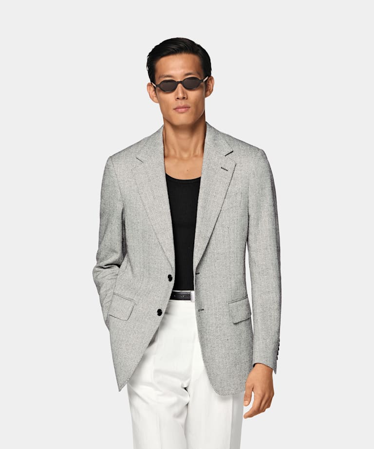 SUITSUPPLY Summer Silk Linen Wool by Marling & Evans, United Kingdom Black Herringbone Tailored Fit Milano Blazer