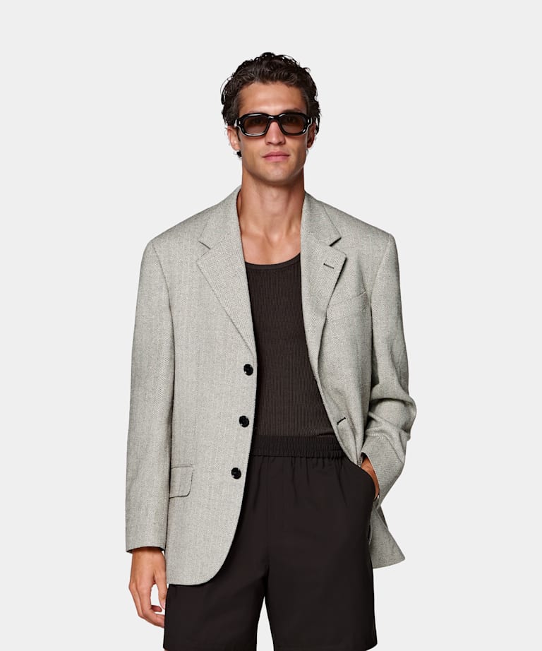 SUITSUPPLY Summer Silk Linen Wool by Marling & Evans, United Kingdom Mid Brown Herringbone Relaxed Fit Brera Blazer