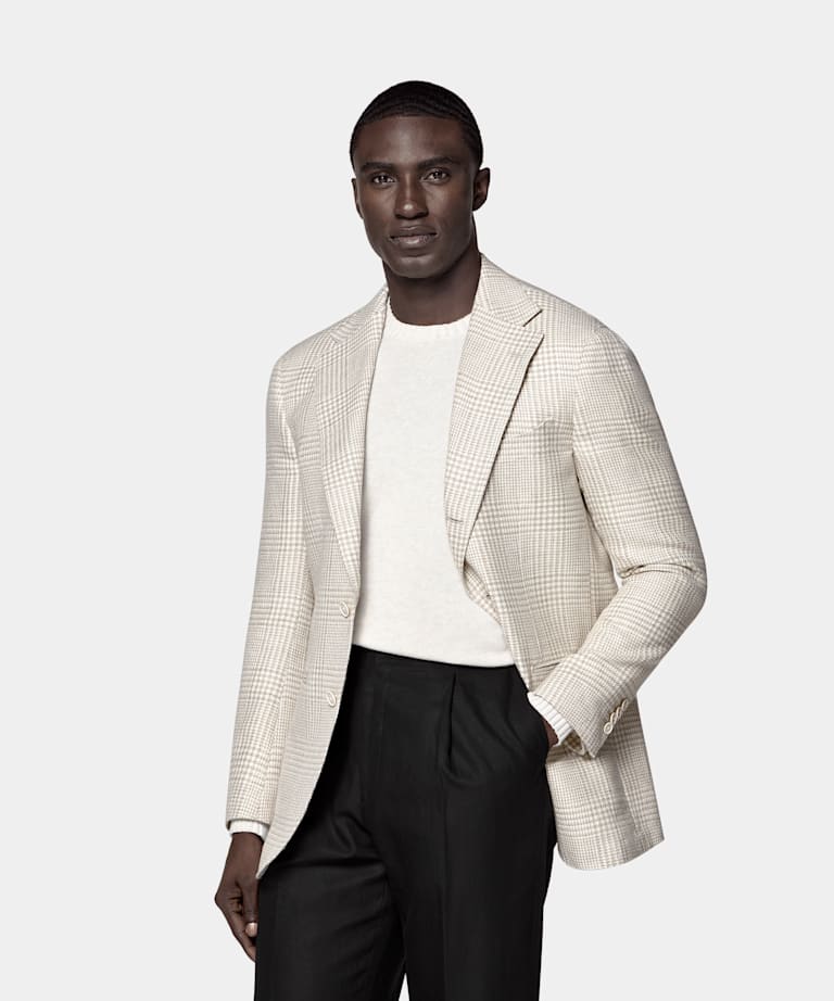 SUITSUPPLY &Eacute;t&eacute; Lin, soie, laine et coton par Ferla, Italie Veste Roma coupe relaxed &agrave; carreaux marron clair.