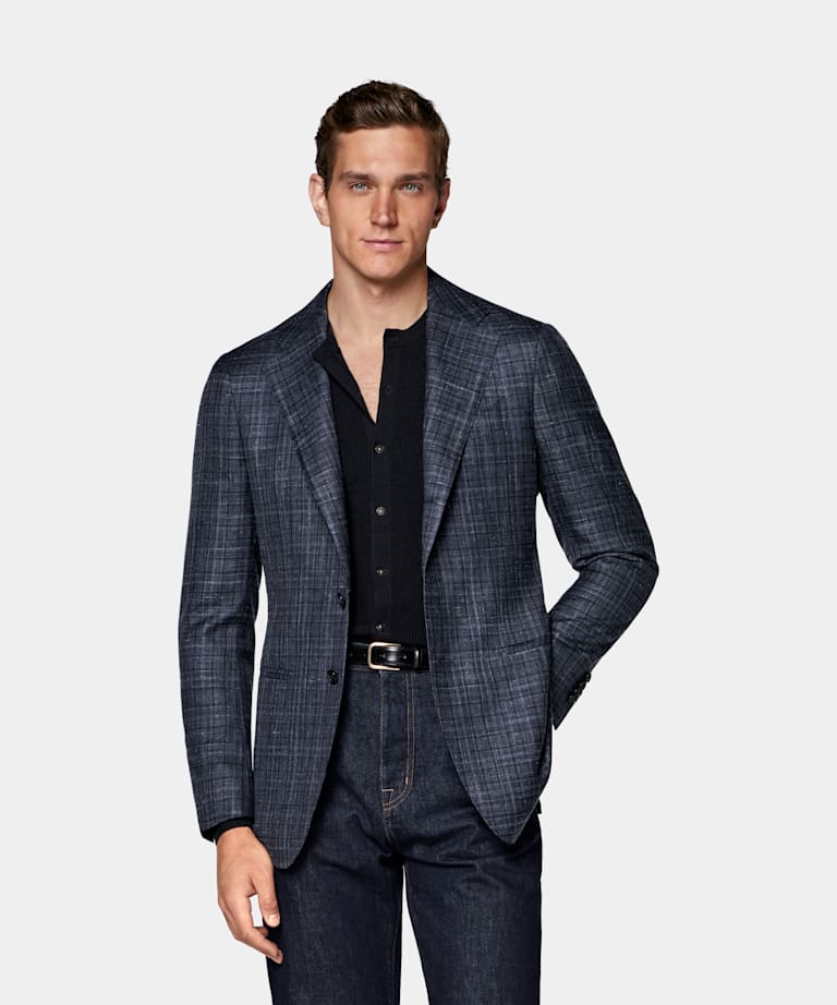 SUITSUPPLY Summer Cashmere Silk Linen by Piacenza, Italy Navy Checked Tailored Fit Havana Blazer