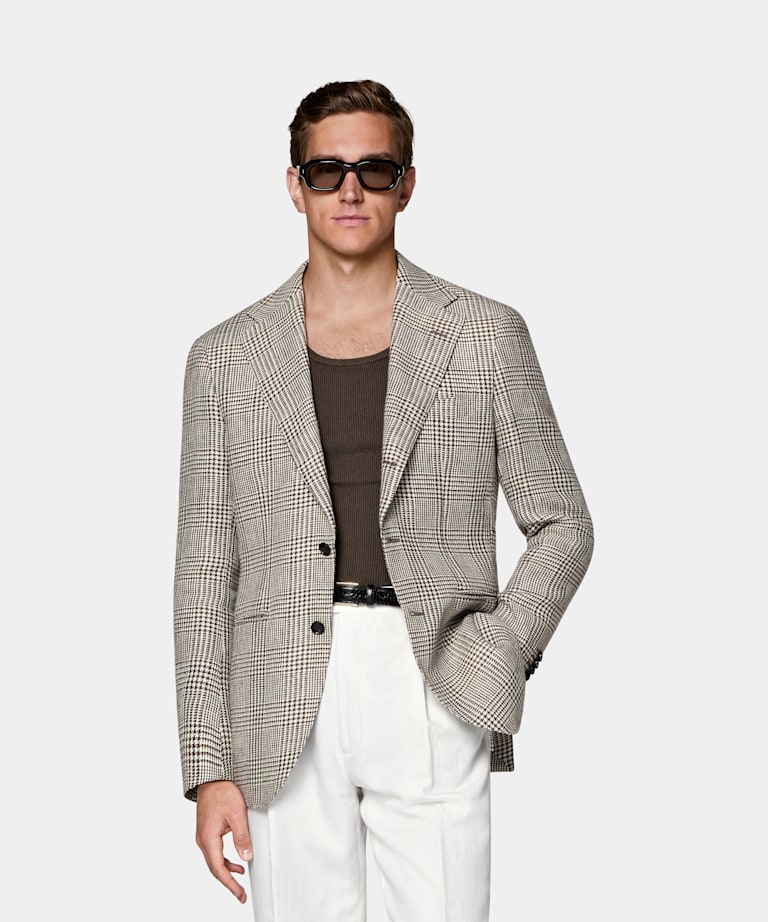 SUITSUPPLY Summer Pure Linen by Subalpino, Italy Mid Brown Checked Relaxed Fit Roma Blazer