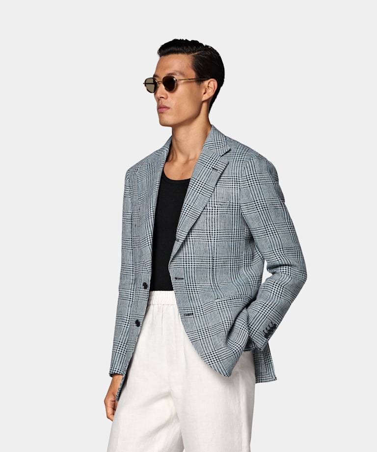 SUITSUPPLY Summer Pure Linen by Subalpino, Italy Light Blue Checked Relaxed Fit Roma Blazer