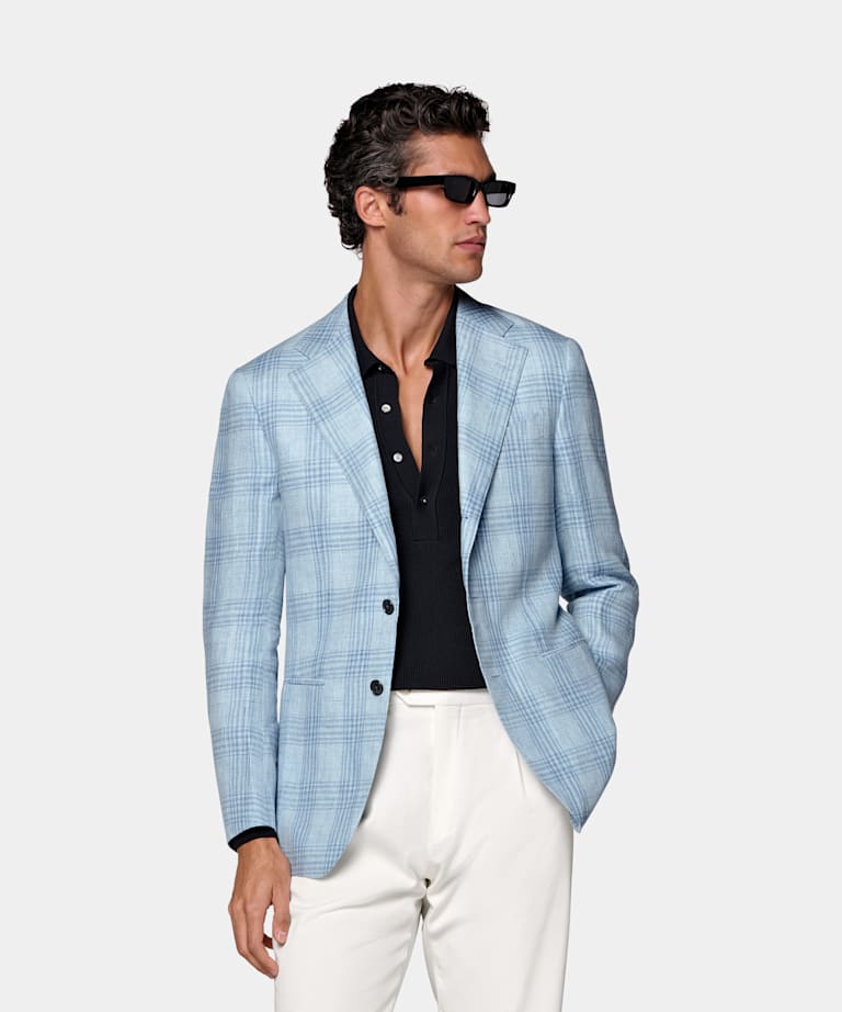 SUITSUPPLY Summer Pure Linen par Lanificio Ermenegildo Zegna, Italie Light Blue Checked Tailored Fit Havana Blazer