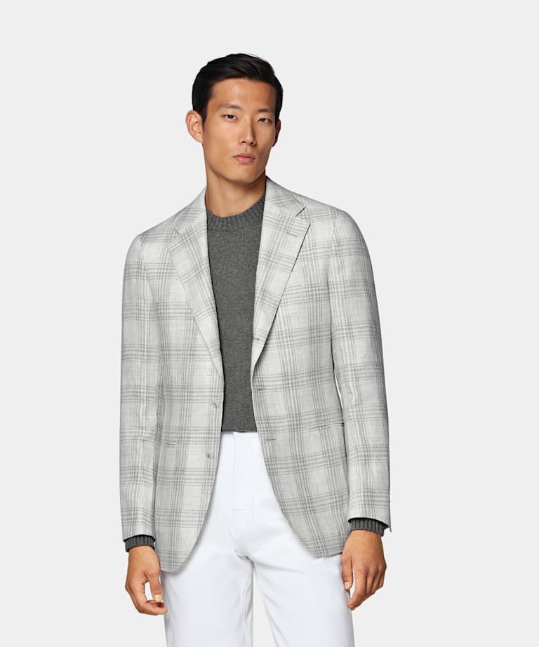 SUITSUPPLY Summer Pure Linen by Lanificio Ermenegildo Zegna, Italy Light Grey Checked Tailored Fit Havana Blazer