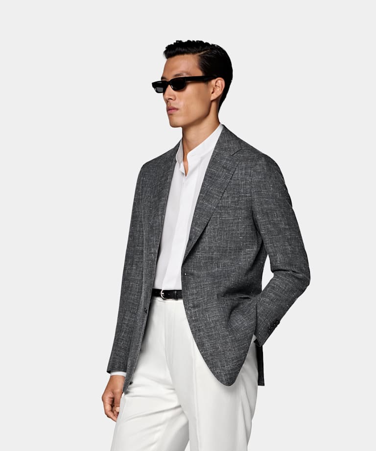 SUITSUPPLY Summer Wool Silk Linen by Rogna, Italy Dark Grey Tailored Fit Havana Blazer