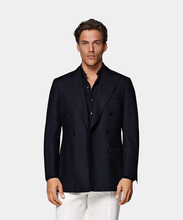 SUITSUPPLY All Season Pure 4-Ply Traveller Wool by Rogna, Italy Navy Tailored Fit Havana Blazer