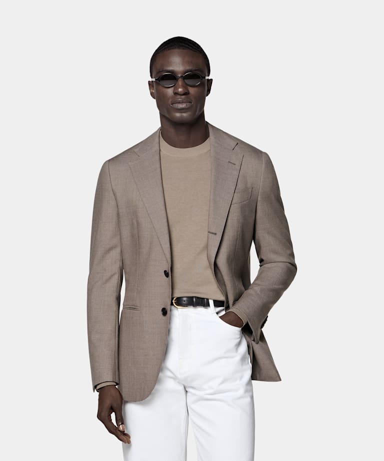 SUITSUPPLY All Season Wrinkle-Free 4-Ply Wool by Rogna, Italy Taupe Tailored Fit Havana Suit Jacket