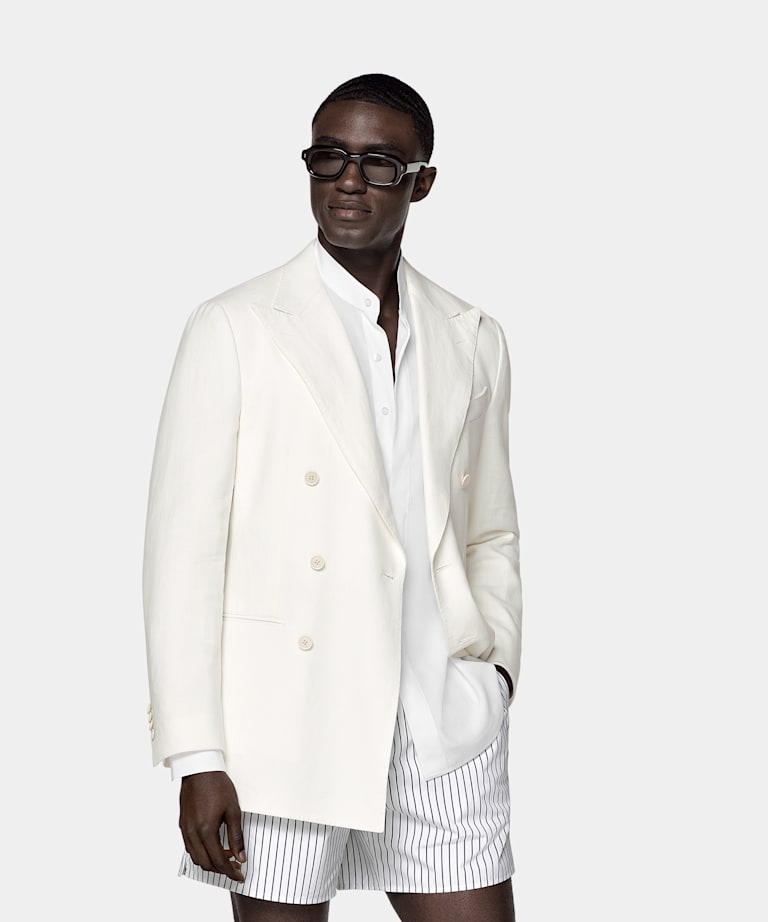 SUITSUPPLY Summer Pure Linen by Libeco, Belgium Off-White Tailored Fit Havana Suit Jacket