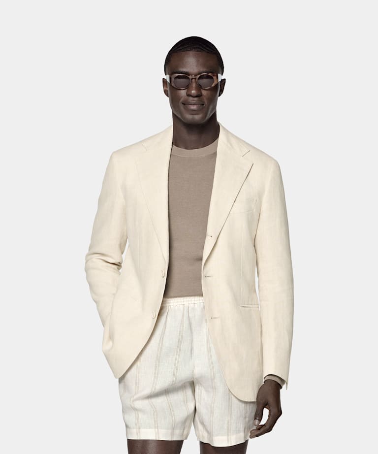 SUITSUPPLY Summer Pure Linen by Libeco, Belgium Sand Relaxed Fit Roma Suit Jacket