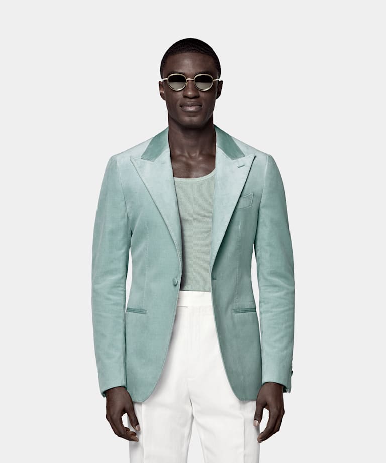 SUITSUPPLY All Season Stretch Cotton Velvet de Pontoglio, Italia Mid Blue Tailored Fit Havana Dinner Jacket