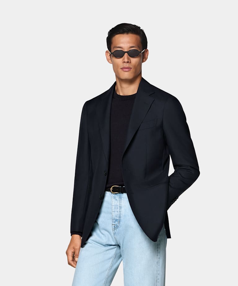 SUITSUPPLY All Season Pure Tropical Wool by Vitale Barberis Canonico, Italy Navy Tailored Fit Havana Suit Jacket