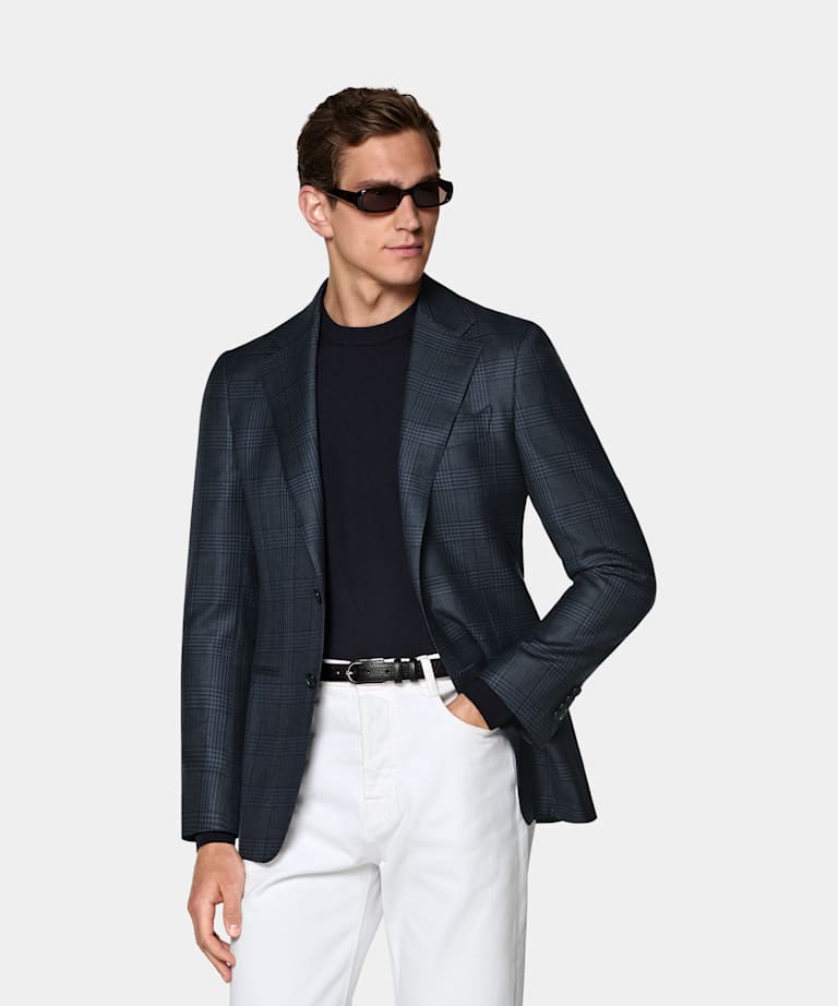 SUITSUPPLY All Season Pure Wool by Delfino, Italy Navy Checked Tailored Fit Havana Blazer