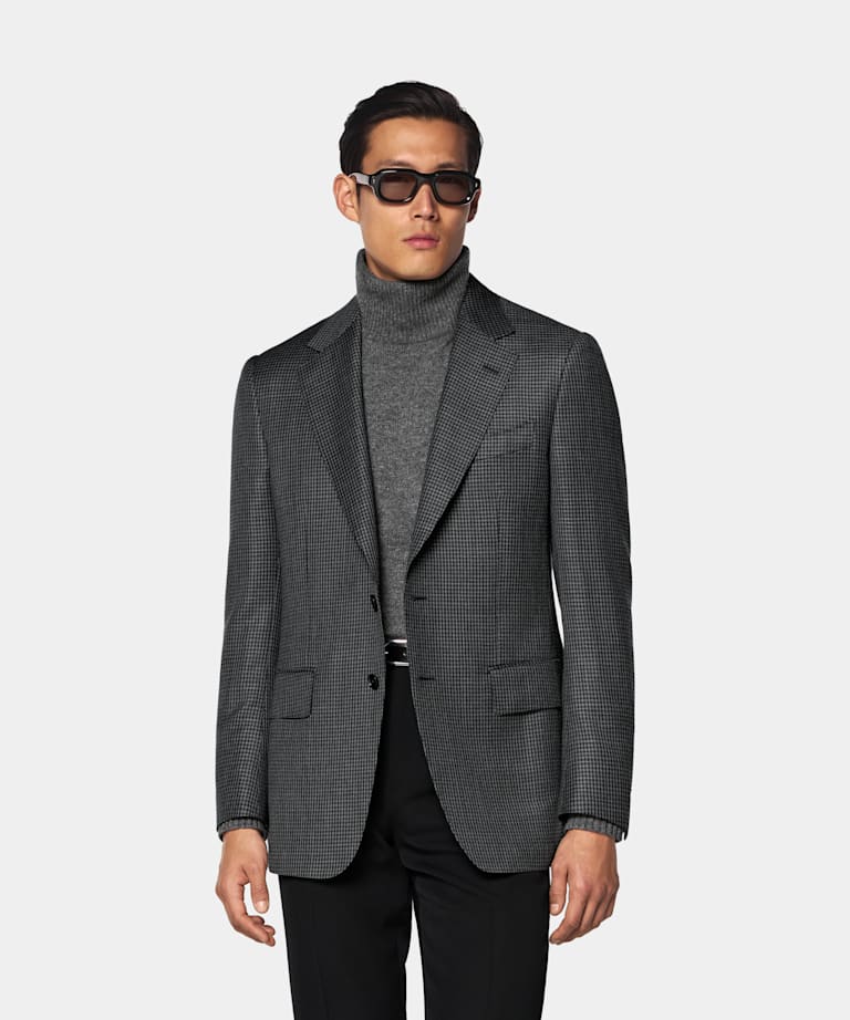 SUITSUPPLY Winter Wool Mohair by Delfino, Italy Mid Grey Houndstooth Tailored Fit Milano Blazer