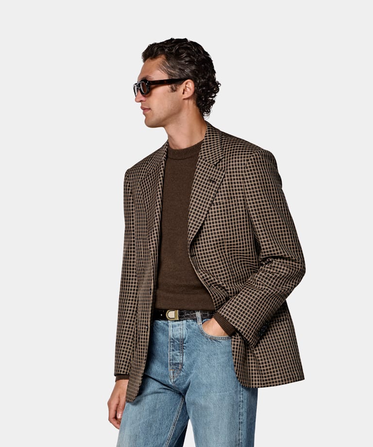 SUITSUPPLY Winter Pure Wool by Rogna, Italy Mid Brown Checked Relaxed Fit Brera Blazer