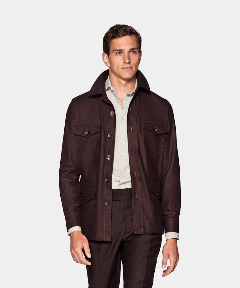 SUITSUPPLY Circular Wool Flannel by Vitale Barberis Canonico, Italy Burgundy William Shirt-Jacket