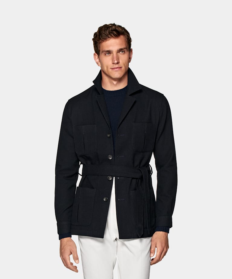 SUITSUPPLY Wool Cotton by Di Sondrio, Italy Navy Belted Safari Jacket