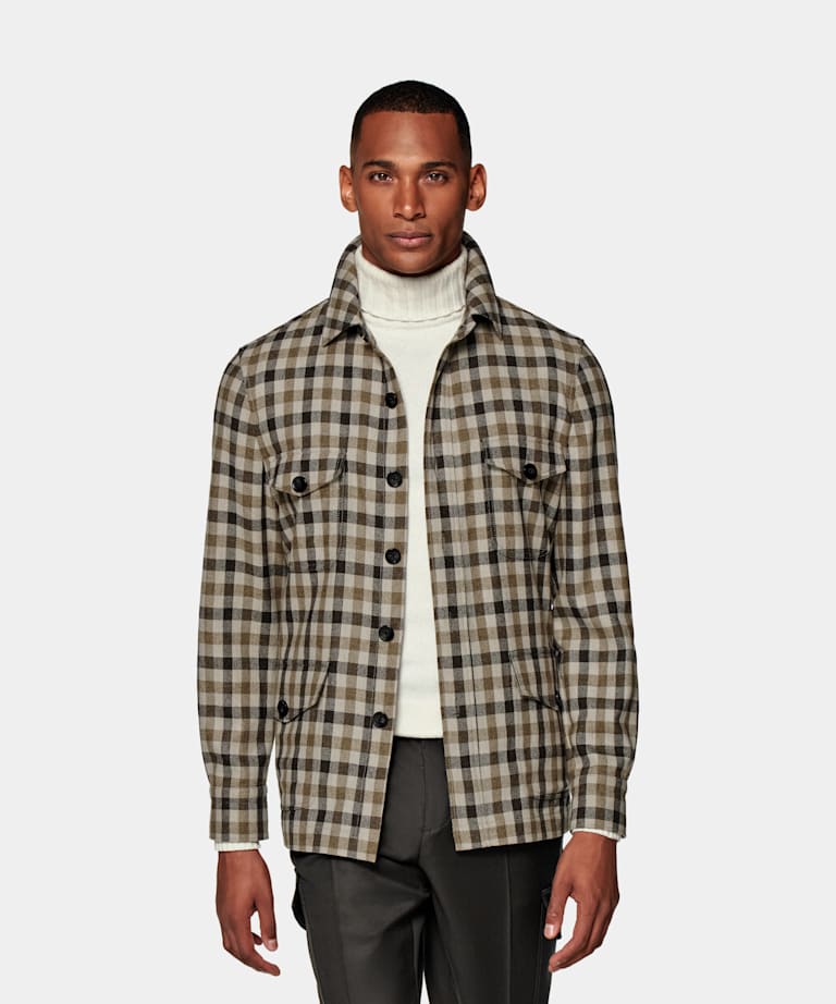 SUITSUPPLY Wool Cashmere by E.Thomas, Italy Brown Checked William Shirt-Jacket
