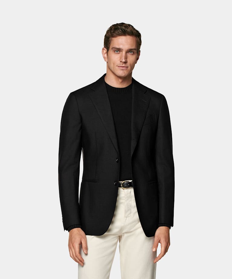 SUITSUPPLY All Season Pure 4-Ply Traveller Wool by Rogna, Italy Black Tailored Fit Havana Blazer