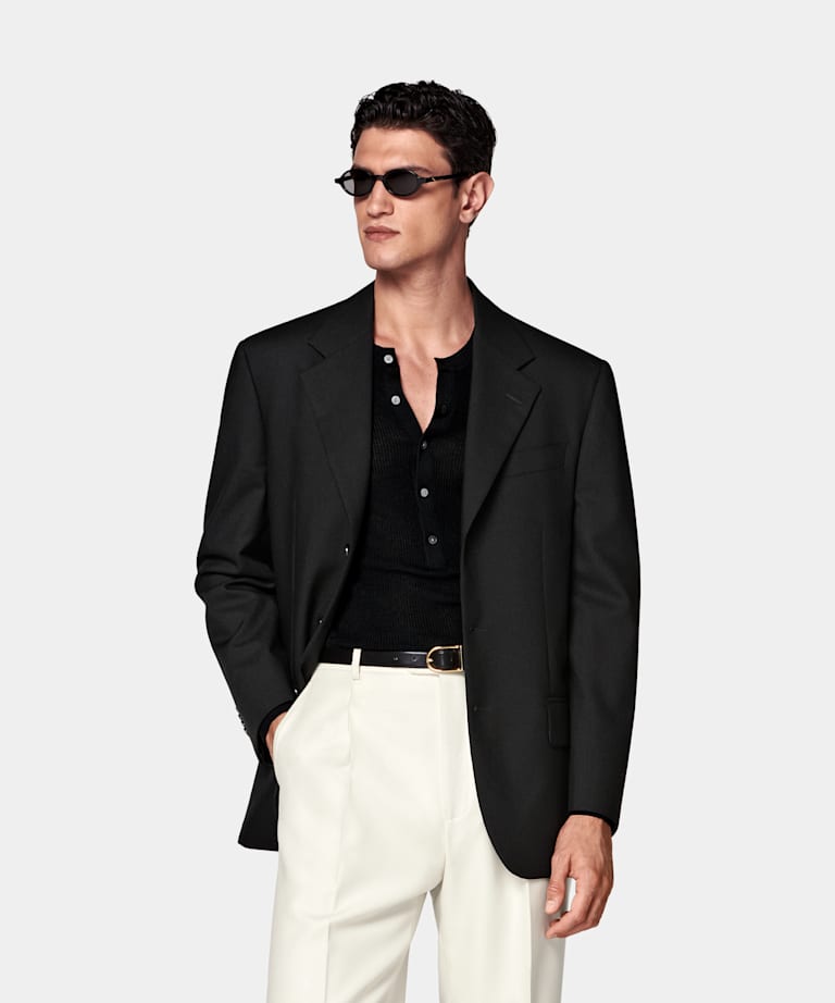 SUITSUPPLY All Season Wrinkle-Free 4-Ply Wool by Rogna, Italy Black Relaxed Fit Roma Suit Jacket