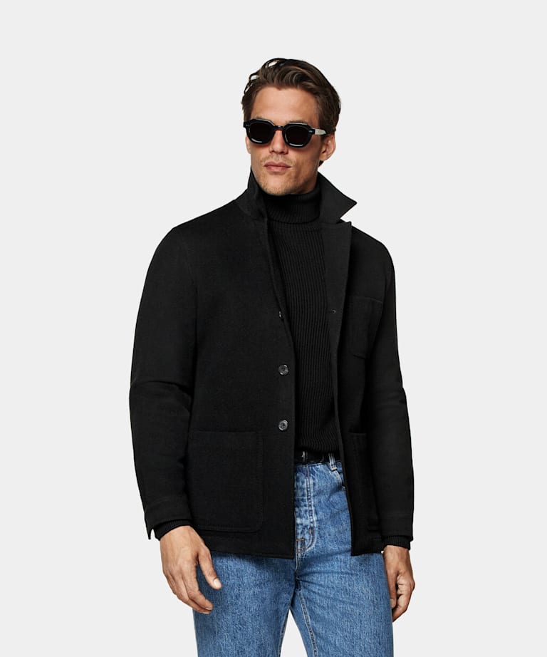 SUITSUPPLY Winter Pure Wool Black Relaxed Fit Shirt Jacket