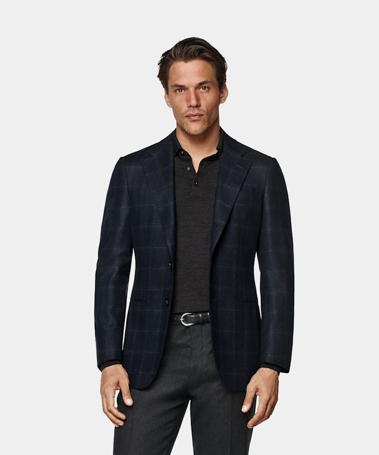 SUITSUPPLY Winter Wool Cashmere by E.Thomas, Italy Navy Checked Tailored Fit Havana Blazer