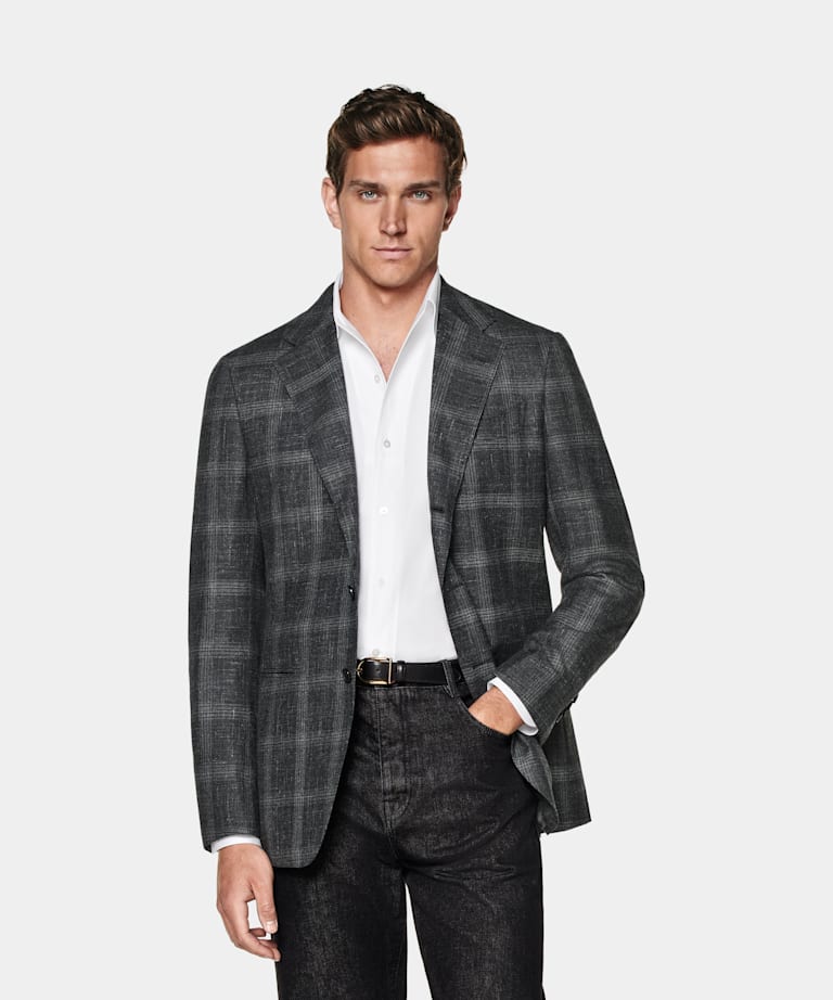 SUITSUPPLY All Season Wool Silk Linen by Carlo Barbera, Italy Grey Checked Tailored Fit Havana Blazer