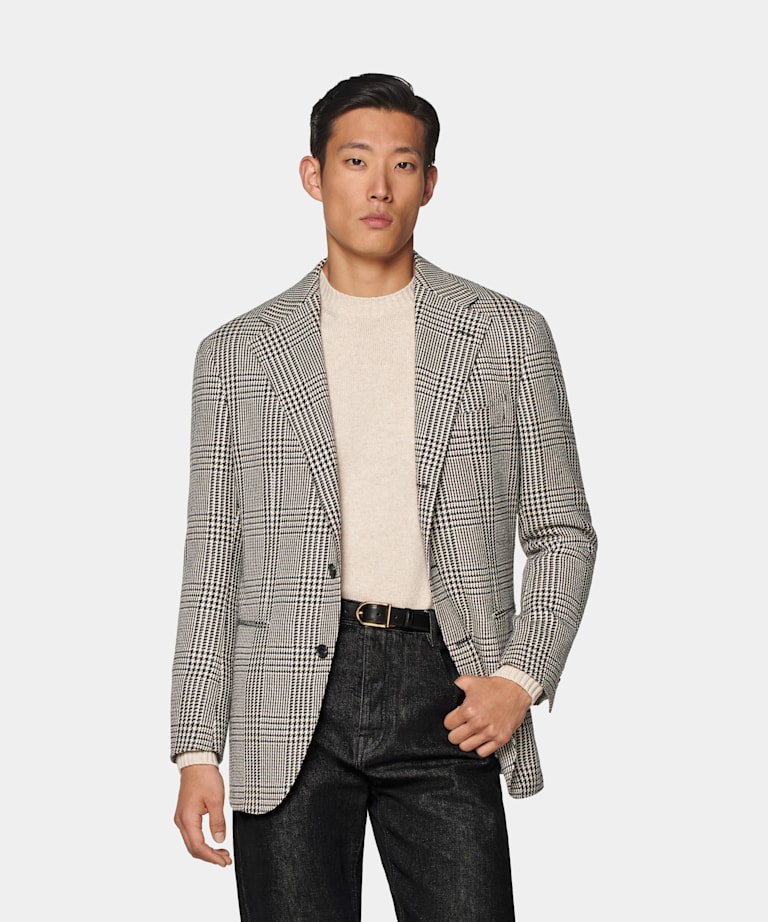 SUITSUPPLY Hiver Laine, alpaga, soie - Ferla, Italie Blazer Roma coupe Relaxed noir à carreaux