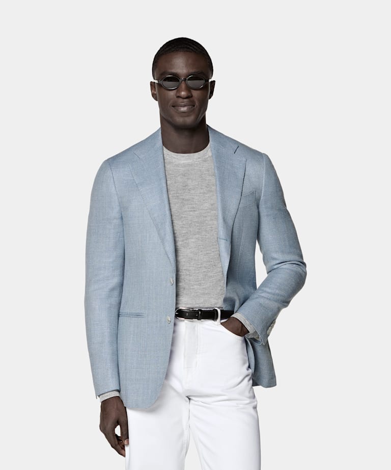 SUITSUPPLY Summer Wool Silk Linen Cashmere by E.Thomas, Italy Light Blue Tailored Fit Havana Blazer