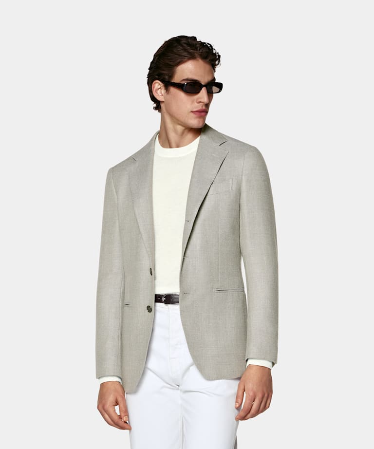 SUITSUPPLY Summer Wool Silk Linen Cashmere by E.Thomas, Italy Mid Green Tailored Fit Havana Blazer