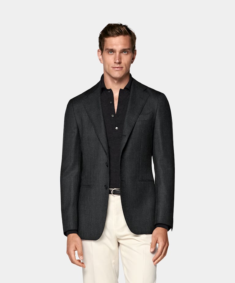 SUITSUPPLY Winter Pure S130's Wool by Drago, Italy Dark Grey Checked Tailored Fit Havana Blazer