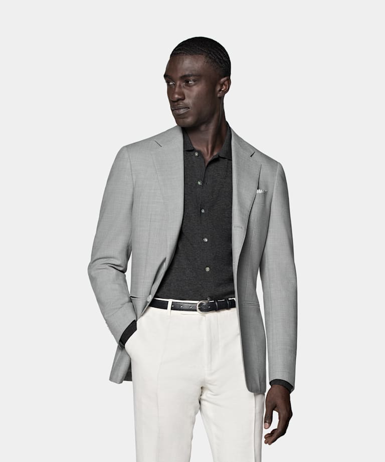 SUITSUPPLY All Season Ren Traveller-ull i 4-ply från Rogna, Italien Havana ljusgrå kavaj med tailored fit