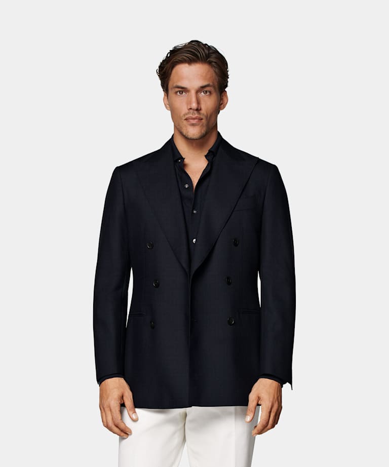 SUITSUPPLY All Season Ren Traveller-ull i 4-ply från Rogna, Italien Havana marinblå kavaj med tailored fit