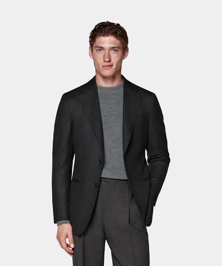 SUITSUPPLY Winter Pure S120's Wool Flannel by Vitale Barberis Canonico, Italy Dark Grey Tailored Fit Havana Suit Jacket