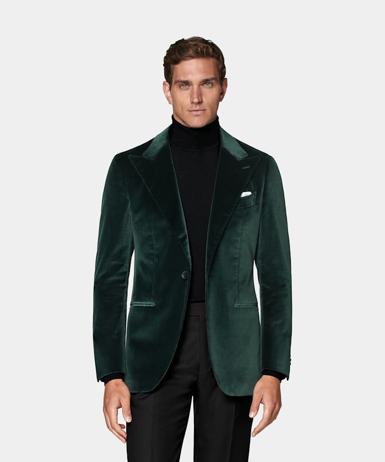 SUITSUPPLY Winter Stretch Cotton Velvet by Pontoglio, Italy Dark Green Tailored Fit Havana Dinner Jacket