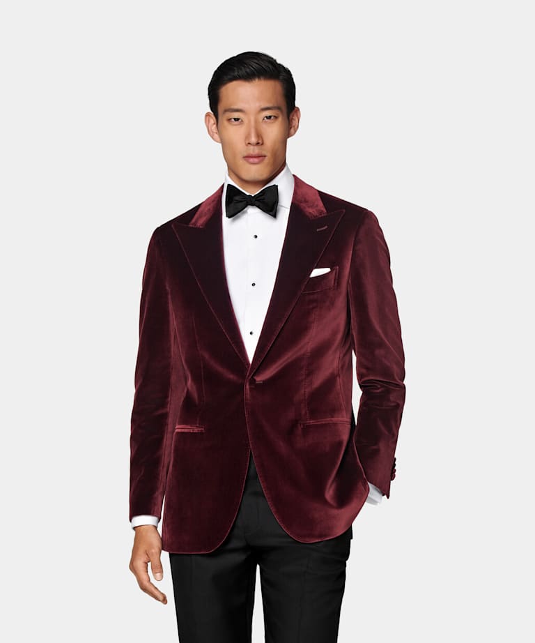 SUITSUPPLY Winter Stretch Cotton Velvet by Pontoglio, Italy Burgundy Tailored Fit Havana Dinner Jacket