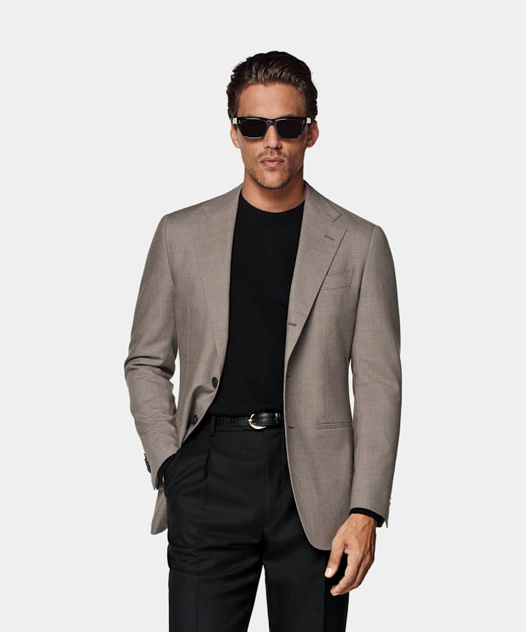 SUITSUPPLY All Season Wrinkle-Free 4-Ply Wool by Rogna, Italy Taupe Tailored Fit Havana Suit Jacket