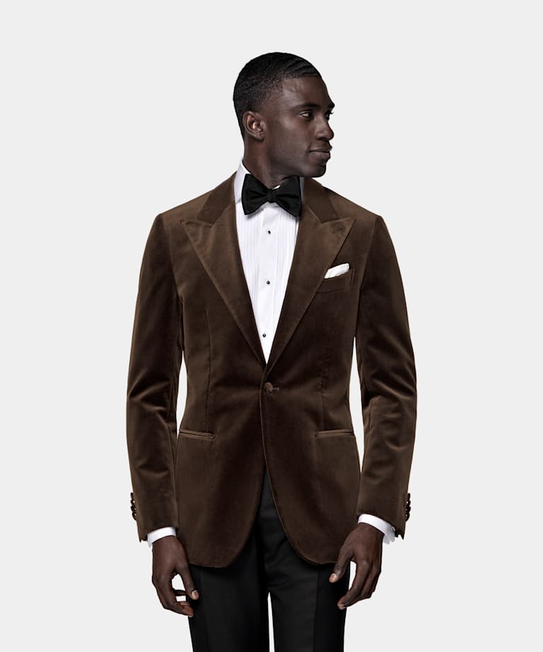SUITSUPPLY Winter Stretch Cotton Velvet by Pontoglio, Italy Dark Brown Tailored Fit Havana Dinner Jacket