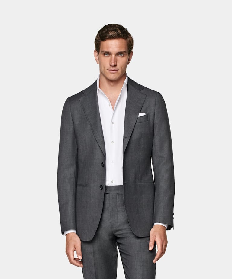 SUITSUPPLY All Season Pure S130's Wool by Reda, Italy Dark Grey Bird's Eye Tailored Fit Havana Suit Jacket