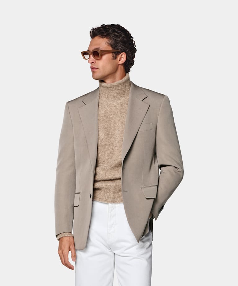SUITSUPPLY All Season Wrinkle-Free 4-Ply Wool by Rogna, Italy Mid Taupe Relaxed Fit Roma Suit Jacket