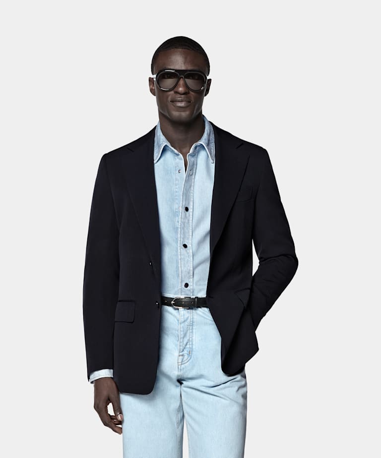 SUITSUPPLY All season Laine 4 fils infroissable par Rogna, Italie Veste de costume Milano coupe Tailored bleu marine