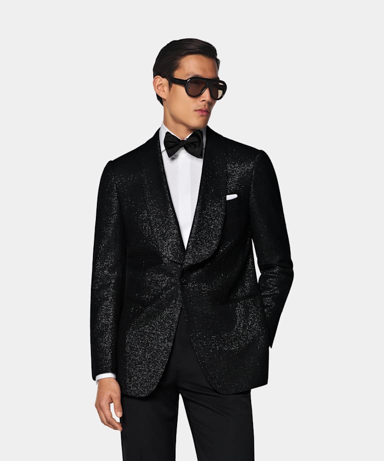SUITSUPPLY All season M&eacute;lange de laine par Savile Clifford, Royaume-Uni Veste de smoking Milano noire &agrave; rayures coupe Tailored