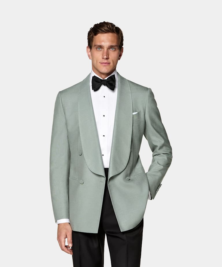 SUITSUPPLY All Season Pure Silk by Lanificio Ermenegildo Zegna, Italy Mid Green Tailored Fit Milano Dinner Jacket