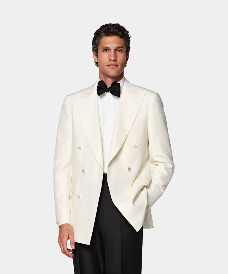 SUITSUPPLY All Season Silk Wool by Lanificio Ermenegildo Zegna, Italy Off-White Tailored Fit Milano Dinner Jacket