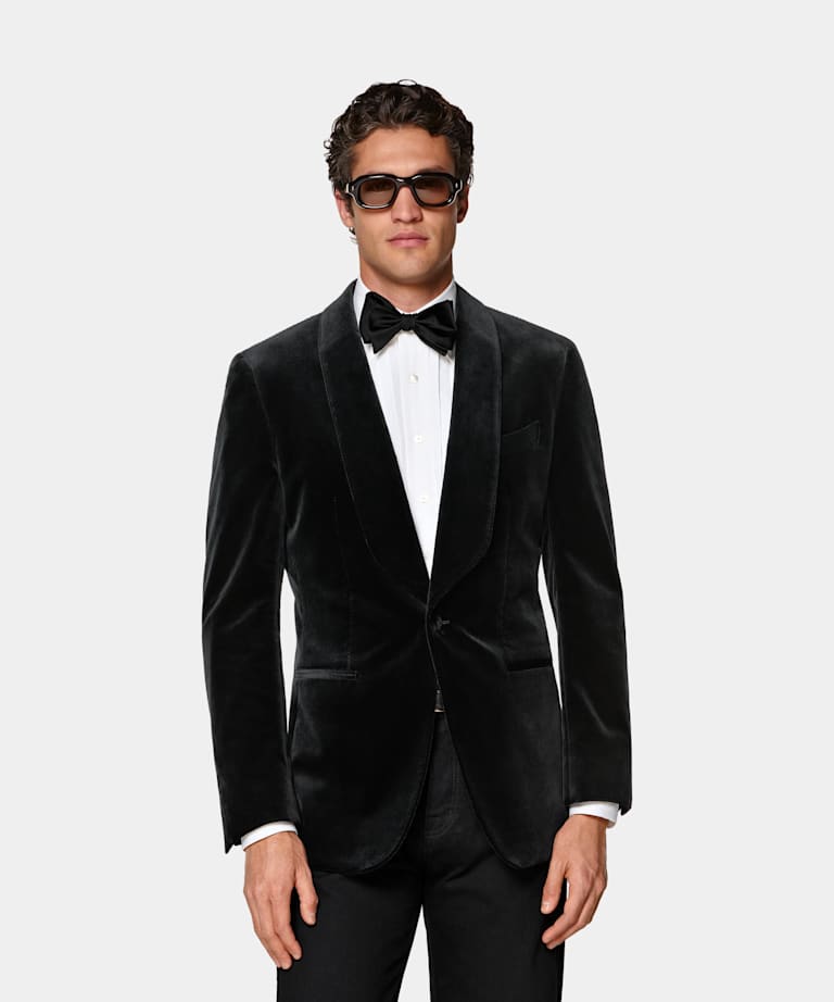 SUITSUPPLY All season Velours de coton stretch par Pontoglio, Italie Veste de smoking Havana coupe Tailored noire