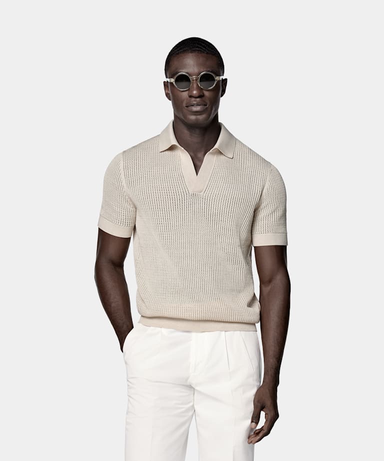 SUITSUPPLY Californisch katoen & mulberryzijde Beige Crochet Poloshirt Zonder Knopen