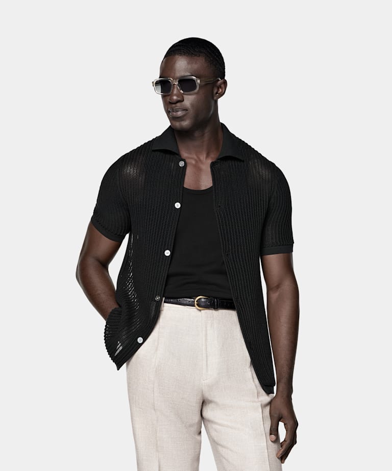 SUITSUPPLY Californian Cotton & Mulberry Silk Black Crochet Polo Cardigan