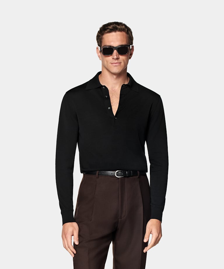 SUITSUPPLY Californian Cotton & Mulberry Silk Black Long Sleeve Polo