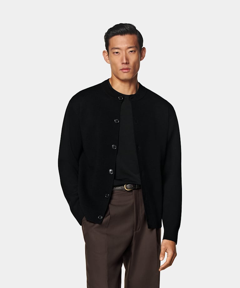 SUITSUPPLY Pure Wool Black Merino Crewneck Cardigan