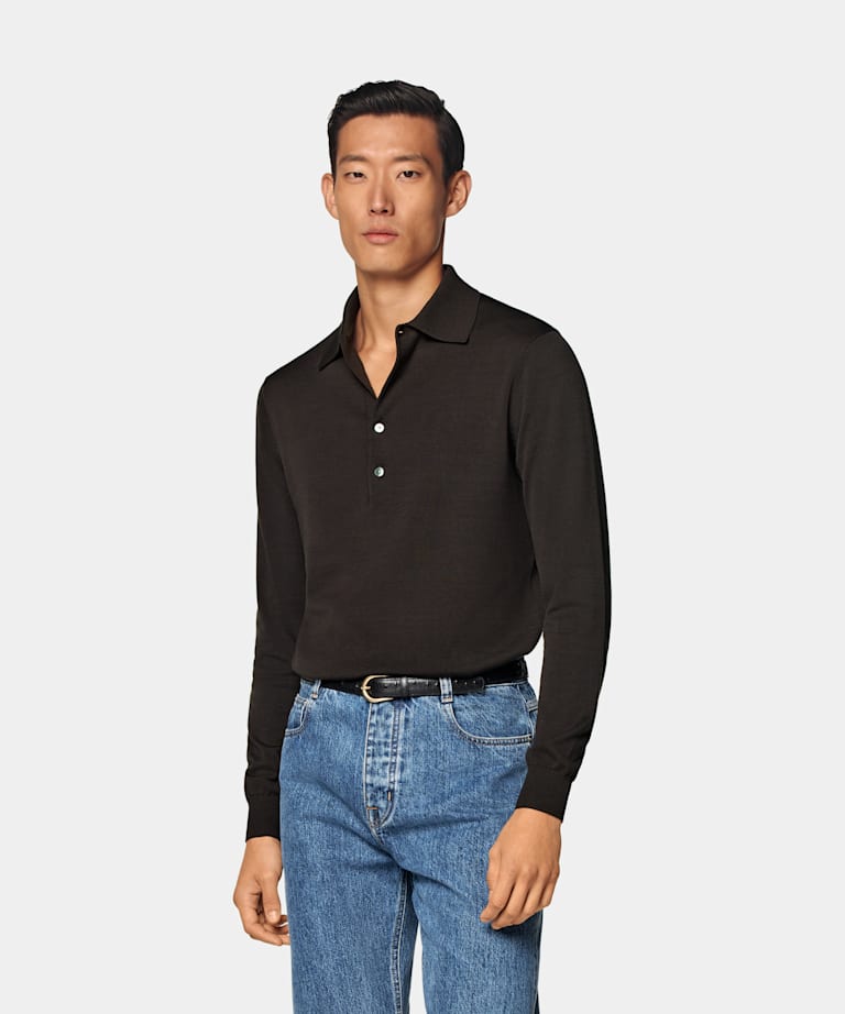 SUITSUPPLY Kalifornische Baumwolle und Maulbeerseide Polo-Shirt dunkelbraun Langarm